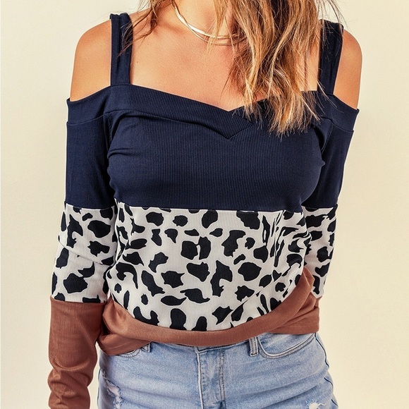 Firefly Lane Boutique1 Tops - Leopard Print Color Block Cold-Shoulder Top